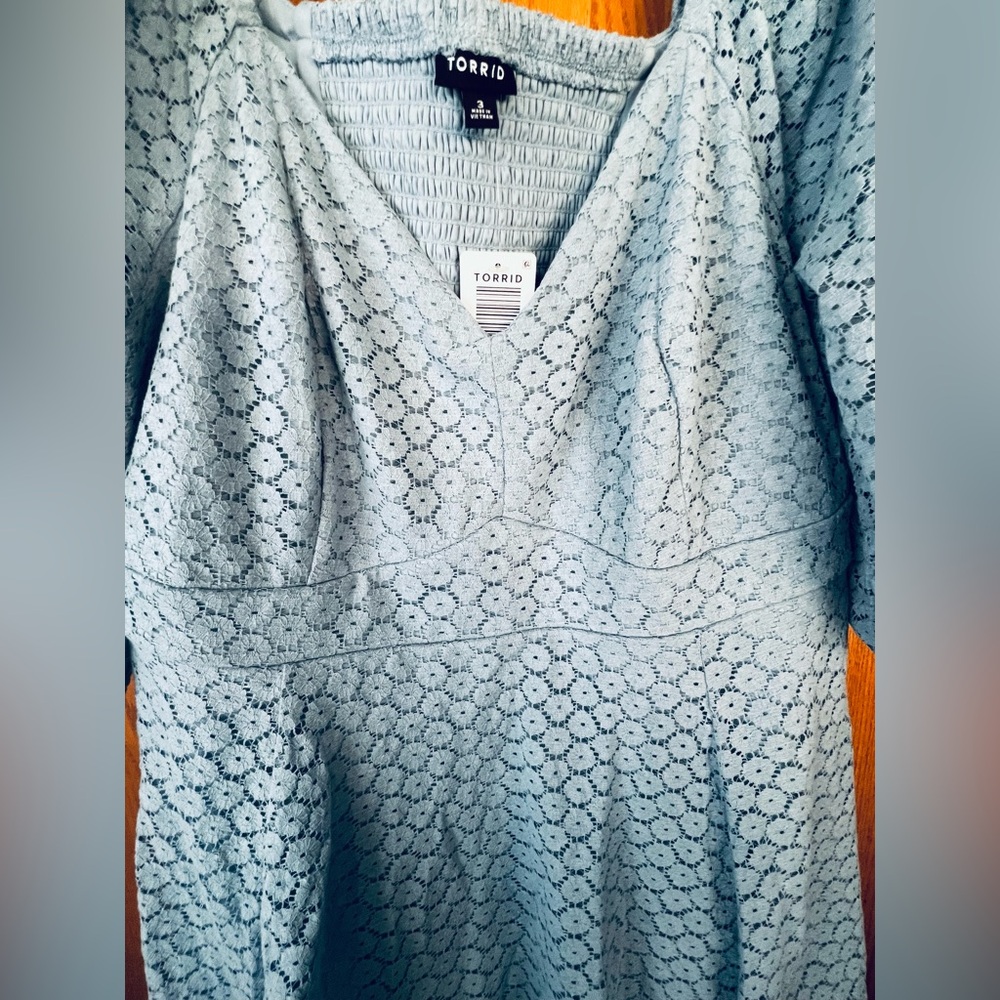 Torrid Light Blue Sweetheart Neck Lace Long Sleeve Mini Dress - Picture 3 of 9